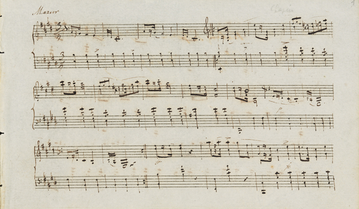 쇼팽의 친필 악보(사진 위) '마주르카 마 장조 op. 6, No. 3'(1830)와 코페르니쿠스의 '천체의 회전에 관하여' 원고(1520-1541).
