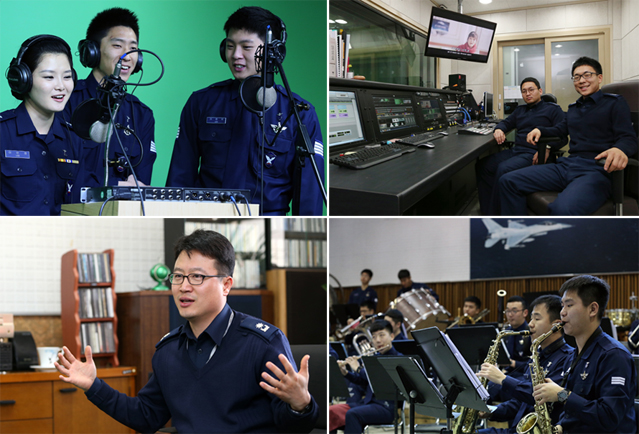 (상, 좌) 패러디 영상에서 주인공으로 등장한 이민정 중위, 김건희 병장, 이현재 병장; (상, 우) 감독과 연출을 맞은 김경신 중위(좌) 정다훈 중위(우); (하,좌) 미디어영상팀의 기획을 담당하는 천명녕 소령; (하, 우) 영상 제작에 참여한 70여 명의 군악대; 이들은 촬영을 진행했던 일주일의 시간이 정말 즐거웠다고 말했다 (사진: 전한).