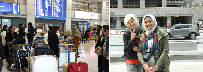 한국을 찾은 외국인 관광객들이 인천국제공항 출국장을 빠져 나오고 있다 (좌). 말레이시아에서 온 외국인 관광객들은 “생각보다 추운 한국의 날씨 외에는 문제될 게 없다”고 말했다 (우). (사진: 공감코리아).
