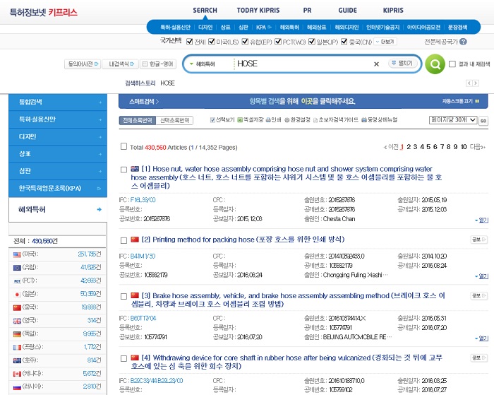 특허정보넷 ‘키프리스’에서 ‘호스(hose)’를 검색한 결과 총 25개국의 특허정보 43만여 건이 검색됐다.