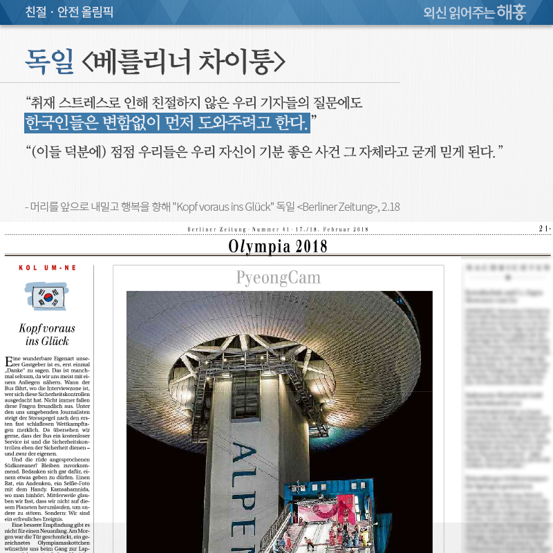 독일 <베를리너 차이퉁> 기자, “취재 스트레스로 인해 친절하지 않은 우리 기자들의 질문에도 한국인들은 변함없이 먼저 도와주려고 한다.” “(이들 덕분에) 점점 우리들은 우리 자신이 기분 좋은 사건 그 자체라고 굳게 믿게 된다.” 머리를 앞으로 내밀고 행복을 향해 Kopf voraus ins Glück