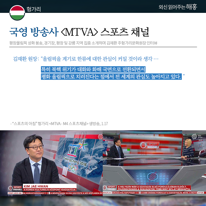 헝가리 국영 방송사 [MTVA] 스포츠 채널, 평창올림픽 성화 봉송, 경기장, 평창 및 강릉 지역 집중 소개하며 김재환 주헝가리문화원장 인터뷰 김재환 원장: '올림픽을 계기로 한류에 대한 관심이 커질 것이라 생각…특히 북핵 위기가 대화와 화해 국면으로 전환되면서 평화 올림픽으로 치러진다는 점에서 전 세계의 관심도 높아지고 있다.' 출처: '스포츠의 아침' 헝가리 [MTVA - M4 스포츠채널] 생방송, 1.17