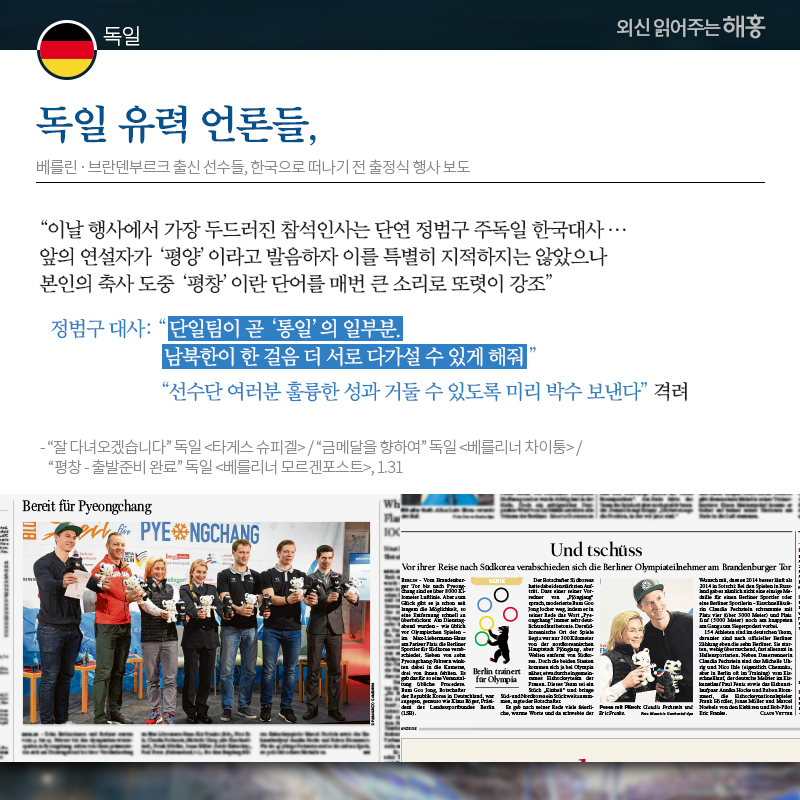 독일 독일 유력 언론들, 베를린‧브란덴부르크 출신 선수들, 한국으로 떠나기 전 출정식 행사 보도 '이날 행사에서 가장 두드러진 참석인사는 단연 정범구 주독일 한국대사…앞의 연설자가 ‘평양’이라고 발음하자 이를 특별히 지적하지는 않았으나 본인의 축사 도중 ‘평창’이란 단어를 매번 큰 소리로 또렷이 강조' 정범구 대사: '단일팀이 곧 ‘통일’의 일부분. 남북한이 한 걸음 더 서로 다가설 수 있게 해줘' '선수단 여러분 훌륭한 성과 거둘 수 있도록 미리 박수 보낸다' 격려 출처: '잘 다녀오겠습니다' 독일 [타게스 슈피겔] / '금메달을 향하여' 독일 [베를리너 차이퉁] / '평창 - 출발준비 완료' 독일 [베를리너 모르겐포스트], 1.31