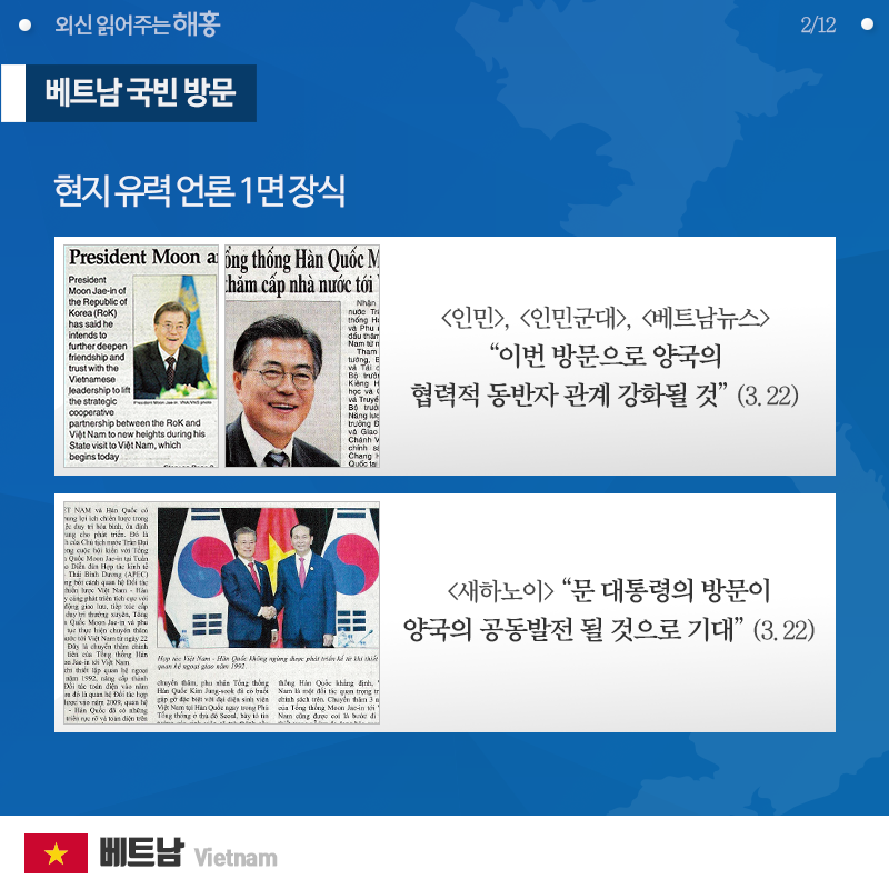 ◆ 문 대통령 베트남 국빈 방문  현지 유력 언론 1면 장식  [인민], [인민군대], [베트남뉴스] '이번 방문으로 양국의 협력적 동반자 관계 강화될 것' (3.22)  [새하노이] “문 대통령의 방문이 양국의 공동발전 될 것으로 기대 (3.22)