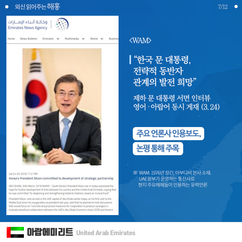 [WAM]  '한국 문 대통령, 전략적 동반자 관계의 발전 희망' 제하 문 대통령 서면 인터뷰 영어‧아랍어 동시 게재 (3.24) - 주요 언론사 인용보도, 논평 통해 주목  ※WAM: 1976년 창간, 아부다비 본사 소재. UAE정부가 운영하는 통신사로 현지 주요매체들이 인용하는 유력언론