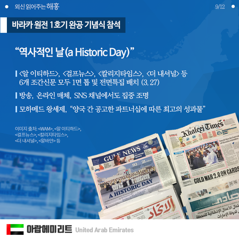 ◆ 바라카 원전 1호기 완공 기념식 참석  '역사적인 날(a Historic Day)'  [알 이티하드], [걸프뉴스], [칼리지타임스], [더 내셔널] 등 6개 조간신문 모두 1면 톱 및 전면특집 배치 (3.27)  방송, 온라인 매체, SNS 채널에서도 집중 조명  모하메드 왕세제, '양국 간 공고한 파트너십에 따른 최고의 성과물' 評 이미지 출처: [WAM], [알 이티하드], [걸프뉴스], [칼리지타임스], [더 내셔널], [알바얀] 등