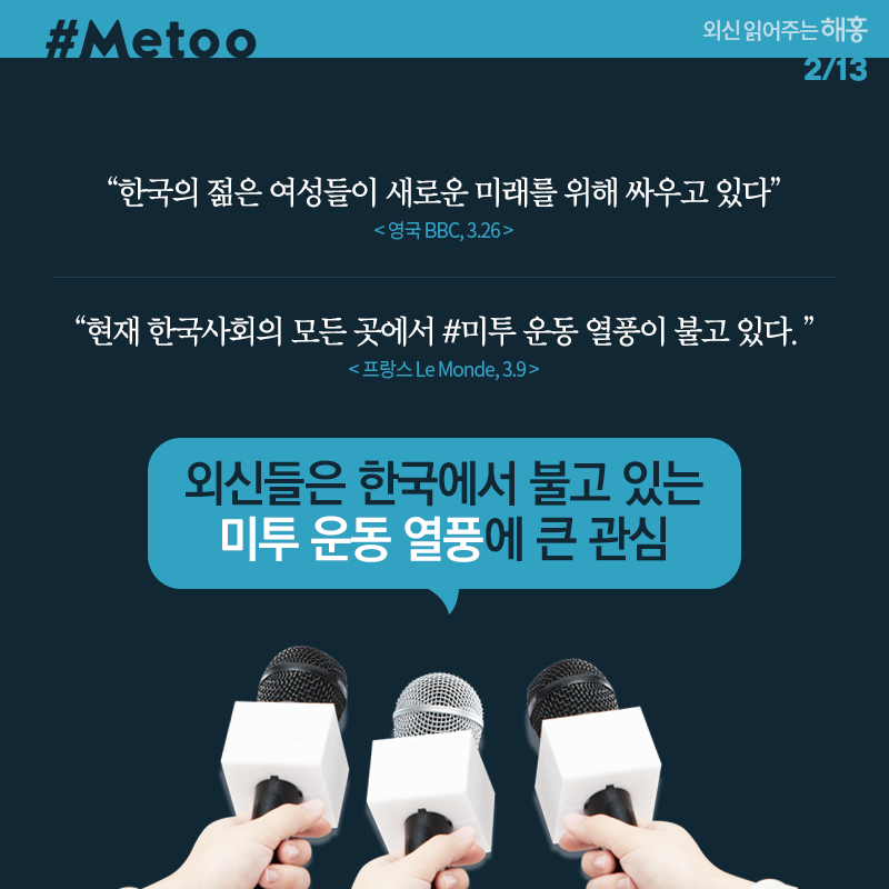 '한국의 젊은 여성들이 새로운 미래를 위해 싸우고 있다” (영국 BBC, 3.26) '현재 한국사회의 모든 곳에서 #미투 운동 열풍이 불고 있다.' (프랑스 Le Monde, 3.9) 외신들은 한국에서 불고 있는 미투 운동 열풍에 큰 관심 