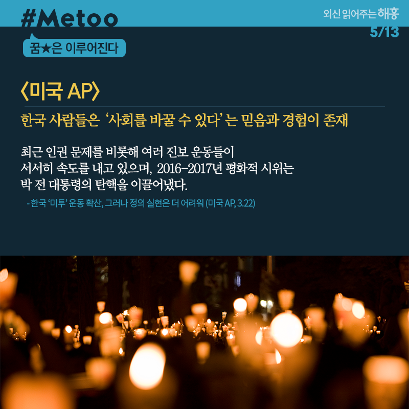 꿈★은 이루어진다 미국 AP 한국 사람들은 ‘사회를 바꿀 수 있다’는 믿음과 경험이 존재 최근 인권 문제를 비롯해 여러 진보 운동들이 서서히 속도를 내고 있으며, 2016-2017년 평화적 시위는 박 전 대통령의 탄핵을 이끌어냈다. 한국 ‘미투’ 운동 확산, 그러나 정의 실현은 더 어려워 (미국 AP, 3.22)