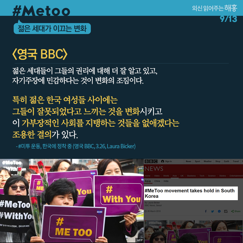 영국 BBC 젊은 세대들이 그들의 권리에 대해 더 잘 알고 있고, 자기주장에 민감하다는 것이 변화의 조짐이다. 특히 젊은 한국 여성들 사이에는 그들이 잘못되었다고 느끼는 것을 변화시키고 이 가부장적인 사회를 지탱하는 것들을 없애겠다는 조용한 결의가 있다 #미투 운동, 한국에 정착 중 (영국 BBC, 3.26, Laura Bicker)