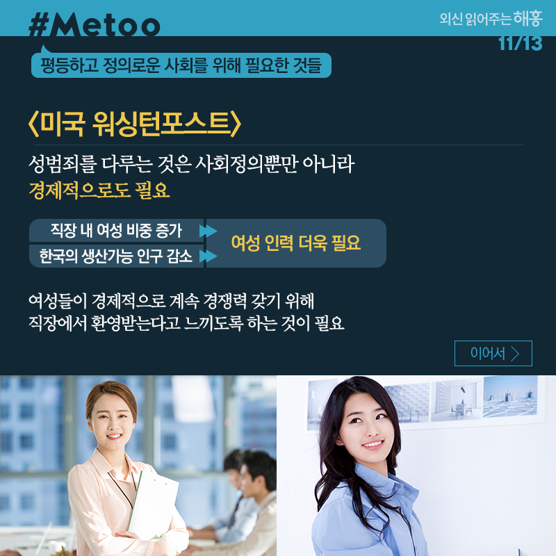 미국 워싱턴포스트 성범죄를 다루는 것은 사회정의뿐만 아니라 경제적으로도 필요 직장 내 여성 비중 증가 한국의 생산가능 인구 감소 -> 여성 인력 더욱 필요 여성들이 경제적으로 계속 경쟁력 갖기 위해 직장에서 환영받는다고 느끼도록 하는 것이 필요 한국도 #미투 운동 전개 중 (미국 워싱턴포스트, 3.27, Sue Mi Terry & Lisa Collins CSIS 선임연구원 기고)