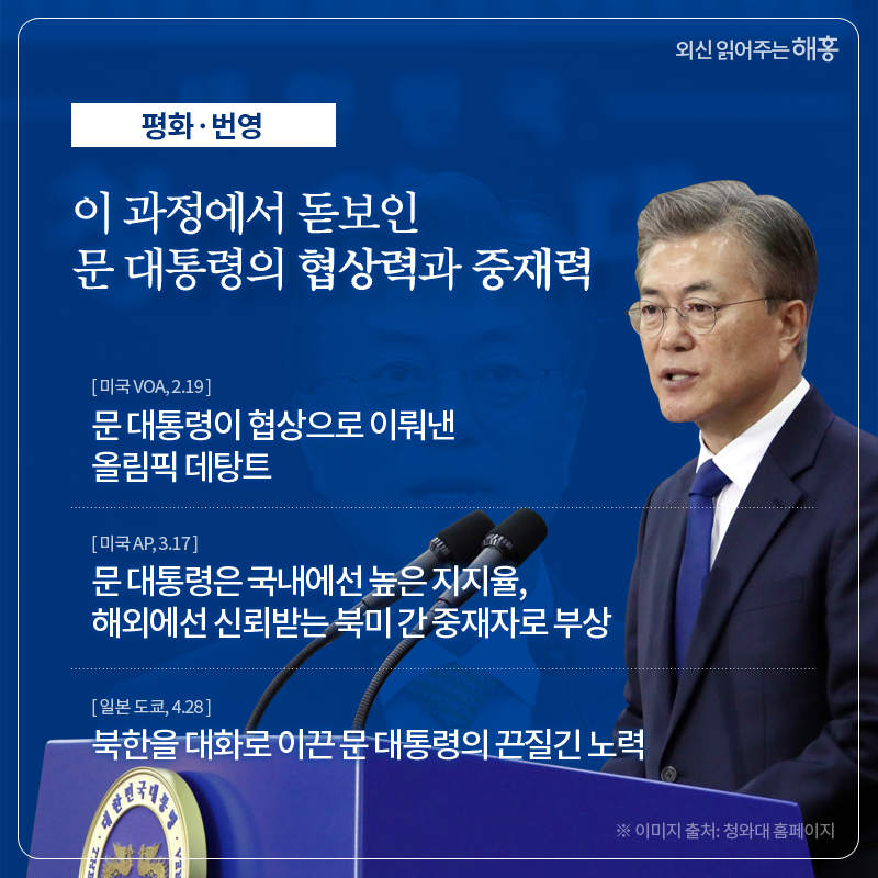 新북방新남방 정책 등 외교 다각화, 한중관계 복원 등, 1년간의 활발한 정상외교로 한국의 외교지평을 넓혔다는 시각 한-아세안 관계 강화에 대한 의지, 비전 보여 (동남아시아 순방 당시 현지 언론, 17년 11월) 중국인들의 감정을 존중한 준비, 문 정부가 성의 보여 (중국 국빈 방문 당시 현지 언론, 17년 12월) 