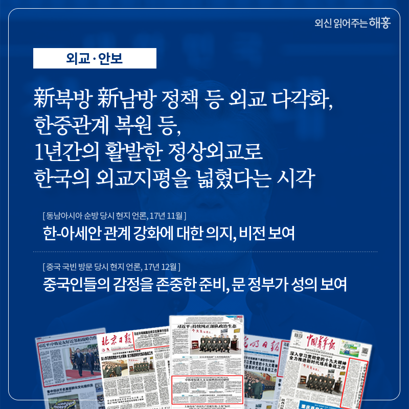 ‘적폐청산’으로 불리는 개혁 드라이브를 정부에 대한지지 상승 요인 중 하나로 평가, 재벌개혁 추진 의지에 기대 문 정부의 높은 지지율 배경은 ‘적폐청산’ (일본 마이니치, 4.7) 재벌 거버넌스 개선으로 ‘코리아 디스카운트’ 줄어들 가능성 열려 (영국 Reuters, 10.31) 대통령으로서 12년 만의 제주 4.3 추도식 참석하여 유족에 사죄한 것, ‘적폐청산’의 일환 (일본 아사히, 4.4)