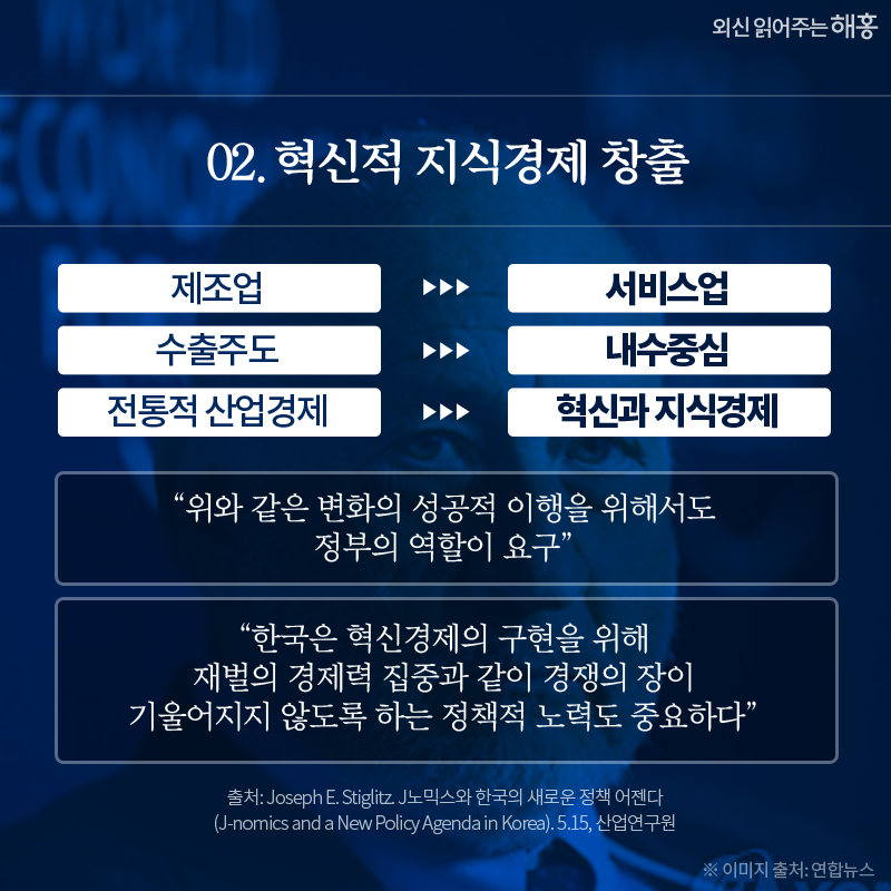 ②혁신적 지식경제 창출 제조업 -> 서비스업 수출주도 -> 내수중심 전통적 산업경제 - > 혁신과 지식경제 “위와 같은 변화의 성공적 이행을 위해서도 정부의 역할이 요구” “한국은 혁신경제의 구현을 위해 재벌의 경제력 집중과 같이 경쟁의 장이 기울어지지 않도록 하는 정책적 노력도 중요하다” 
