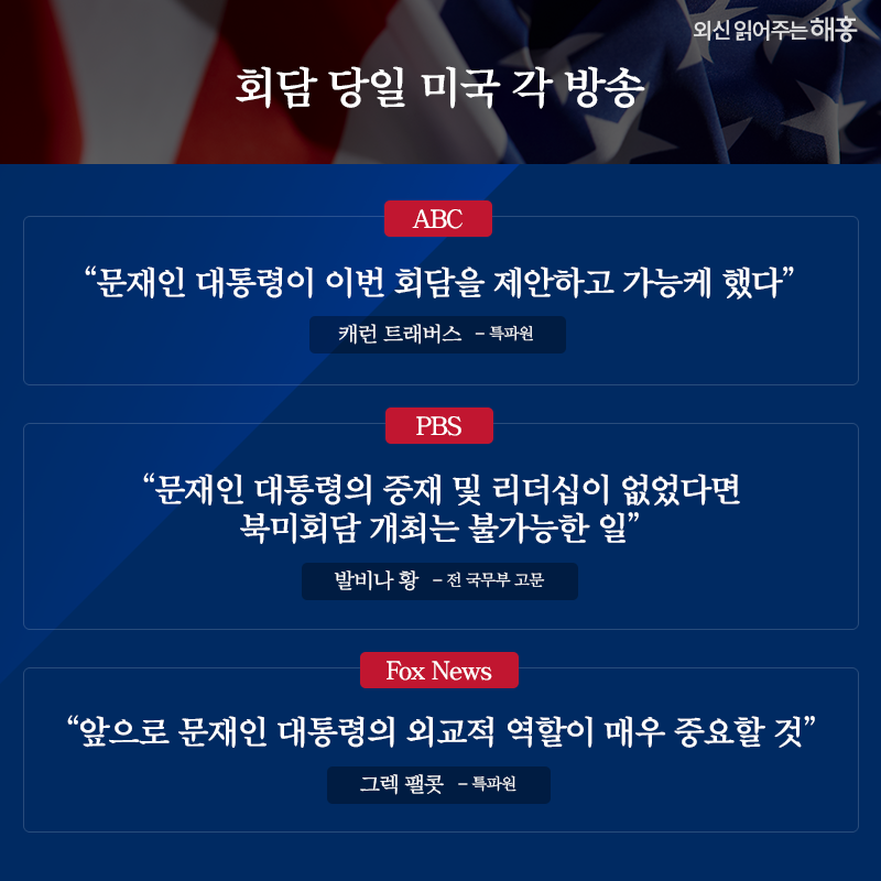 회담 당일 미국 각 방송 캐런 트래버스 특파원 '문재인 대통령이 이번 회담을 제안하고 가능케 했다' (ABC) 발비나 황 전 국무부 고문 '문재인 대통령의 중재 및 리더십이 없었다면 북미회담 개최는 불가능한 일' (PBS) 그렉 팰콧 특파원 '앞으로 문재인 대통령의 외교적 역할이 매우 중요할 것' (Fox News) 