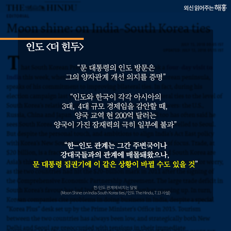 인도 [더 힌두]   '문 대통령의 인도 방문은 그의 양자관계 개선 의지를 증명'   '인도와 한국이 각각 아시아의 3대, 4대 규모 경제임을 감안할 때, 양국 교역 현 200억 달러는 양국이 가진 잠재력의 극히 일부에 불과'   '한-인도 관계는 그간 주변국이나 강대국들과의 관계에 매몰돼왔으나, 문 대통령 집권기에 이 같은 상황이 바뀔 수도 있을 것'