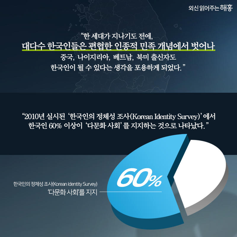 '한 세대가 지나기도 전에, 대다수 한국인들은 편협한 인종적 민족 개념에서 벗어나 중국, 나이지리아, 베트남, 북미 출신자도 한국인이 될 수 있다는 생각을 포용하게 되었다.''2010년 실시된 ‘한국인의 정체성 조사(Korean Identity Survey)’에서 한국인 60% 이상이 ‘다문화 사회’를 지지하는 것으로 나타났다.'