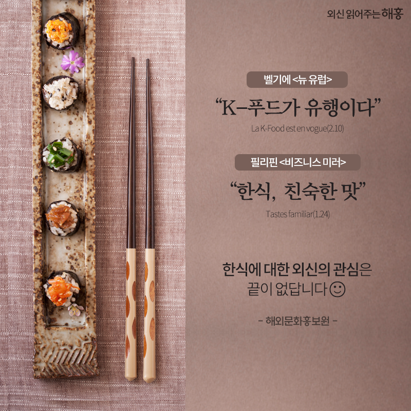 벨기에 <뉴 유럽> 'K-푸드가 유행이다' La K-Food est en vogue(2.10) 필리핀 <비즈니스 미러> '한식, 친숙한 맛'Tastes familiar(1.24) 한식에 대한 외신의 관심은 끝이 없답니다. 해외문화홍보원