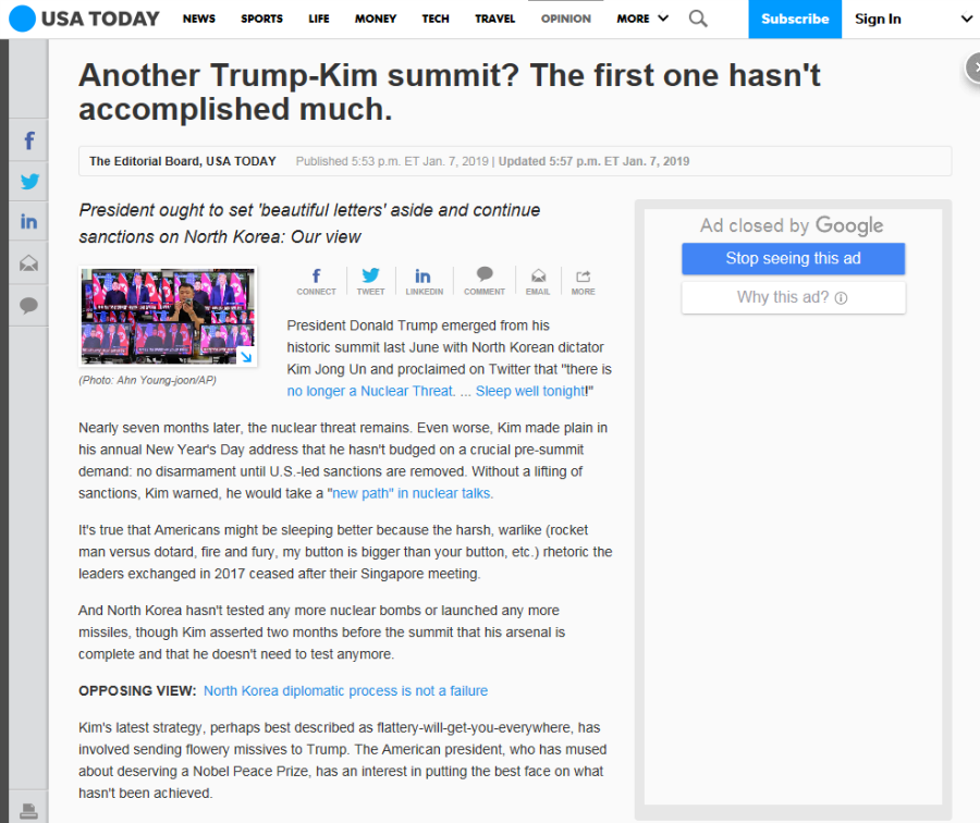 미국 최대 일간지이자 유일한 전국지인 USA투데이는 북한 비핵화와 관련, '70년간의 적대 관계를 종식하는 데는 7개월보다 더 많은 시간이 걸릴 수 있다는 점을 인정하자'고 논평(1월 8일)했다.