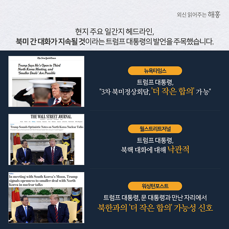 현지주요 일간지 헤드라인,북미간 대화가 지속될것이라는 트럼프 대통령의 발언을 주목했습니다. 뉴욕타임스 트럼프 대통령, 3차북미정상회담 더작의 합의가능 월스트리트저널 트럼프대통령, 북핵 대화에 대해 낙관적 워싱턴포스트 트럼프대통령, 문대통령과 만난 자리에서 북한과의 더작은 합의 가능성 신호