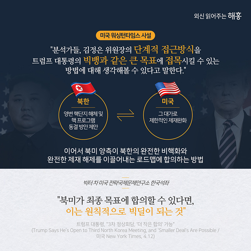 미국 뉴욕타임스'분석가들, 김정은 위원장의 단계적 접근방식을 트럼프 대통령의 빅뱅과 같은 큰 목표에 접목시킬 수 있는 방법 생각해볼 수 있다고 말한다.'북한 영면 핵단지 해체 및 핵 프로그램 동결 방안 제안  미국 그 대가로 제한적인 제재완화 이어서 북미 양측이 북한의 완전한 비핵화와 완전한 제재 해제를 이끌어내는 로드맵에 합의하는 방법빅터 차 미국 전략국제문제연구소 한국석좌'북미가 최종 목표에 합의할 수 있다면, 이는 원칙적으로 빅딜이 되는 것'