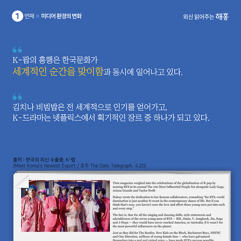 'K-팝의 흥행은 한국문화가 세계적인 순간을 맞이함과 동시에 일어나고 있다.' '김치나 비빔밥은 전 세계적으로 인기를 얻어가고, K-드라마는 넷플릭스에서 획기적인 장르 중 하나가 되고 있다.'