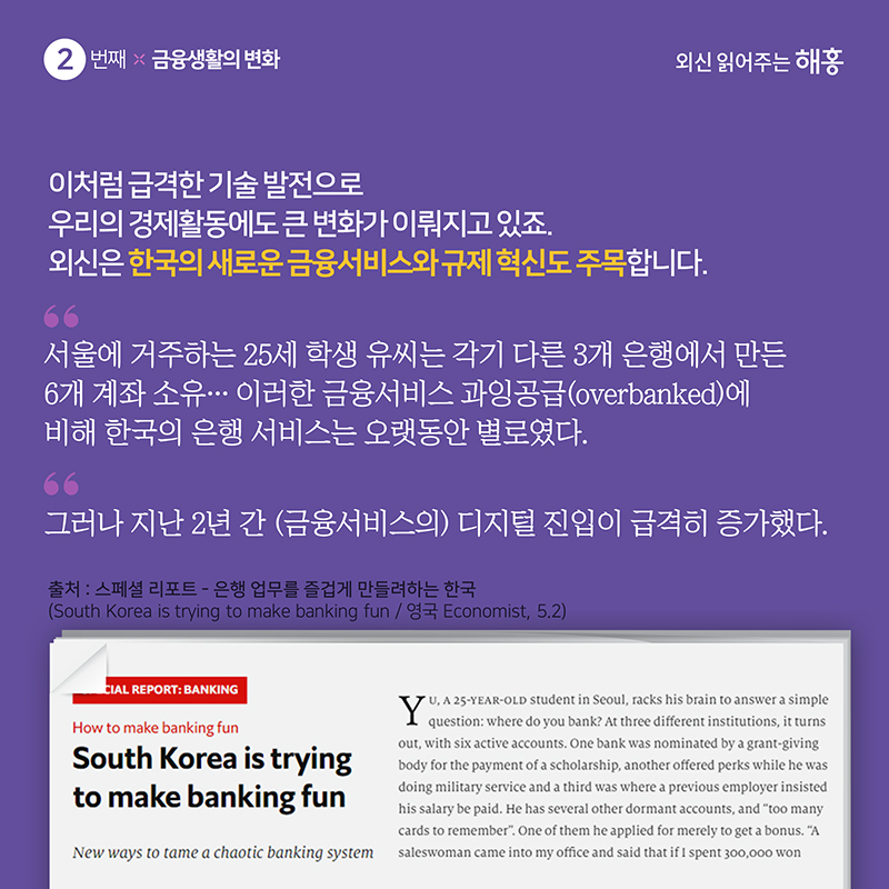 2. 금융생활의 변화이처럼 급격한 기술 발전으로 우리의 경제활동에도 큰 변화가 이뤄지고 있죠.외신은 한국의 새로운 금융서비스와 규제 혁신도 주목합니다.'서울에 거주하는 25세 학생 유씨는 각기 다른 3개 은행에서 만든 6개 계좌 소유…이러한 금융서비스 과잉공급(overbanked)에 비해 한국의 은행 서비스는 오랫동안 별로였다.''그러나 지난 2년 간 (금융서비스의) 디지털 진입이 급격히 증가했다.'