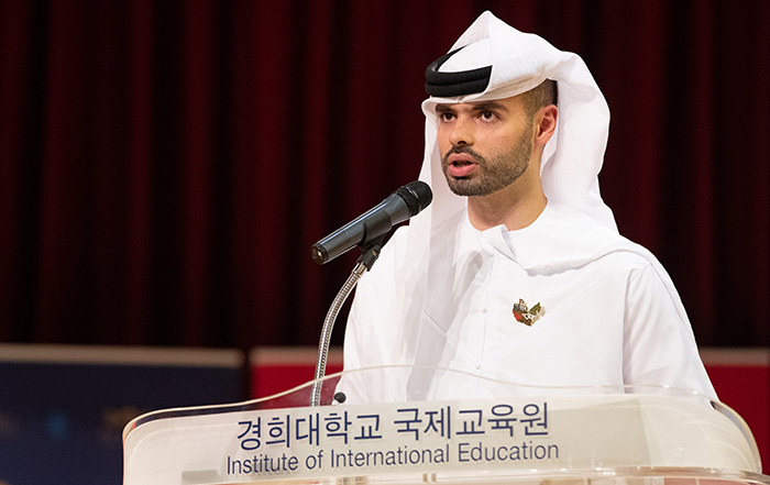 ▲ 14일 오후 서울 동대문구 경희대학교에서 열린 '제22회 세계 외국인 한국어 말하기 대회'에서 본선에 오른 아랍에미리트 출신 알 카와자씨가 발표하고 있다.