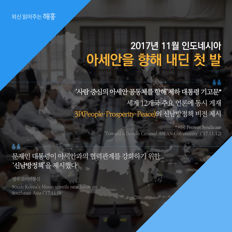 2017년 11월 인도네시아아세안을 향해 내딘 첫 발‘사람 중심의 아세안 공동체를 향해’제하 대통령 기고문*세계 12개국 주요 언론에 동시 게재3P(People·Prosperity·Peace)의신남방정책 비전 제시'문재인 대통령이 아세안과의 협력관계를 강화하기 위한 ‘신남방정책’을 제시했다'