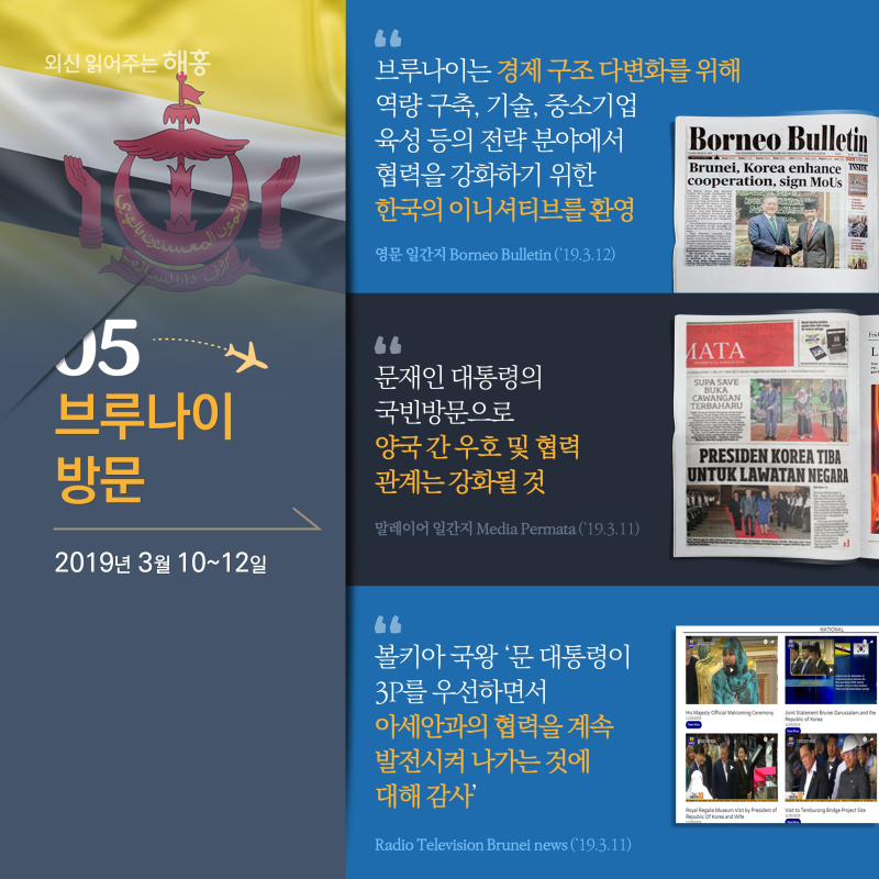 5. 브루나이 방문(2019.3.10.∼12.)'브루나이는 경제 구조 다변화를 위해 역량 구축, 기술, 중소기업 육성 등의 전략 분야에서 협력을 강화하기 위한 한국의 이니셔티브를 환영''문재인 대통령의 국빈방문으로 양국 간 우호 및 협력 관계는 강화될 것'볼키아 국왕 '문 대통령이 3P를 우선하면서 아세안과의 협력을 계속 발전시켜 나가는 것에 대해 감사'