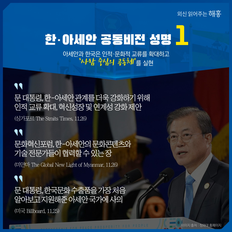 한·아세안 공동비전 성명 ① 아세안과 한국은 인적·문화적 교류를 확대하고 ‘사람 중심의 공동체’를 실현 문 대통령, 한-아세안 관계를 더욱 강화하기 위해 인적 교류 확대, 혁신성장 및 연계성 강화 제안(싱가포르 The Straits Times, 11.26)문화혁신포럼, 한-아세안의 문화콘텐츠와 기술 전문가들이 협력할 수 있는 장(미얀마 The Global New Light of Myanmar, 11.26)문 대통령, 한국문화 수출품을 가장 처음 알아보고 지원해준 아세안 국가에 사의 (미국 Billboard, 11.25)