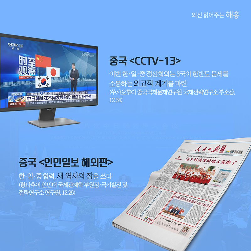 (중국 CCTV-13) '이번 한·일·중 정상회의는 3국이 한반도 문제를 소통하는 외교적 계기를 마련' (쑤샤오후이 중국국제문제연구원 국제전략연구소 부소장, 12.24) (중국 인민일보 해외판) '한·일·중 협력, 새 역사의 장을 쓰다' (황다후이 인민대 국제관계학 부원장·국가발전 및 전략연구소 연구원, 12.25)