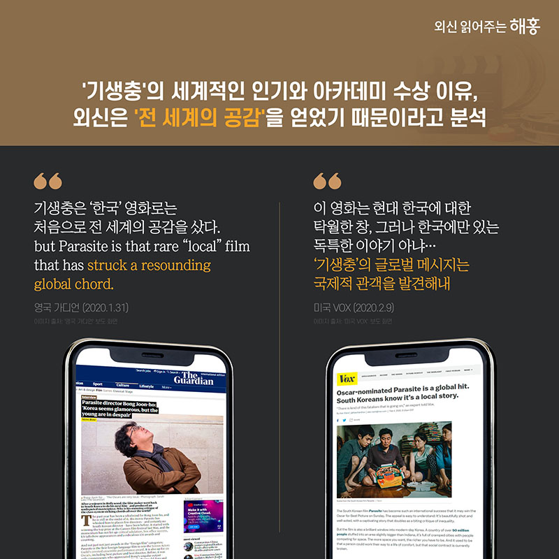 '기생충'의 세계적인 인기와 아카데미 수상 이유, 외신은 '전 세계의 공감'을 얻었기 때문이라고 분석, 기생충은 '한국' 영화로는 처음으로 전 세계의 공감을 샀다. but Parasite is that rare 'local' film that has struck a resounding global chord. 영국 가디언, 1.31 '이 영화는 현대 한국에 대한 탁월한 창, 그러나 한국에만 있는 독특한 이야기 아냐…'기생충'의 글로벌 메시지는 국제적 관객을 발견해내. 미국 VOX, 2.9