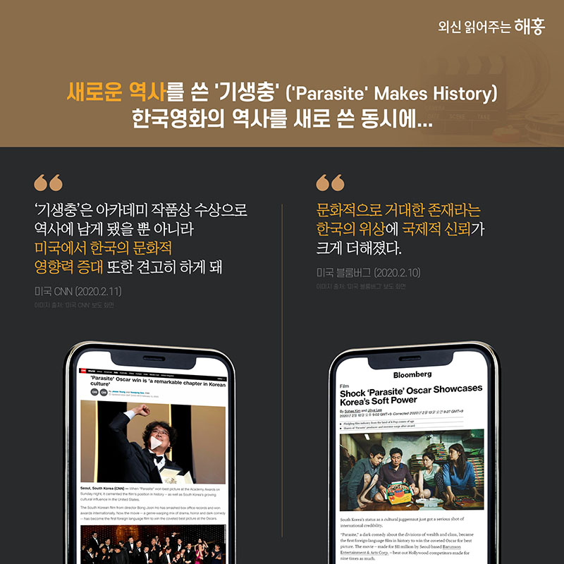 새로운 역사를 쓴 '기생충' 'Parasite' Makes History 한국영화의 역사를 새로 쓴 동시에... '기생충'은 아카데미 작품상 수상으로 역사에 남게 됐을 뿐 아니라 미국에서 한국의 문화적 영향력 증대 또한 견고히 하게 돼. 미국 CNN, 2.11 문화적으로 거대한 존재라는 한국의 위상에 국제적 신뢰가 크게 더해졌다. 미국 블룸버그, 2.10