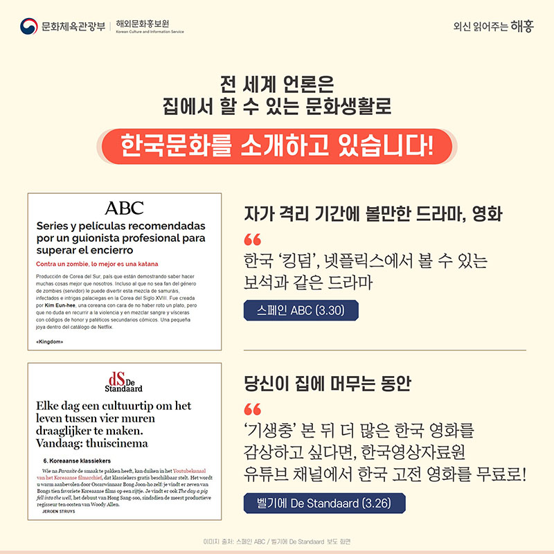 전 세계 언론은 집에서 할 수 있는 문화생활로 한국문화를 소개하고 있습니다! 스페인 ABC(3.30) 자가 격리 기간에 볼만한 드라마, 영화 '한국 킹덤, 넷플릭스에서 볼 수 있는 보석과 같은 드라마' 벨기에 De Standaard(3.26) 당신이 집에 머무는 동안 '기생충 본 뒤 더 많은 한국영화 감상하고 싶다면, 한국영상자료원 유튜브 채널에서 한국 고전 영화를 무료로!'