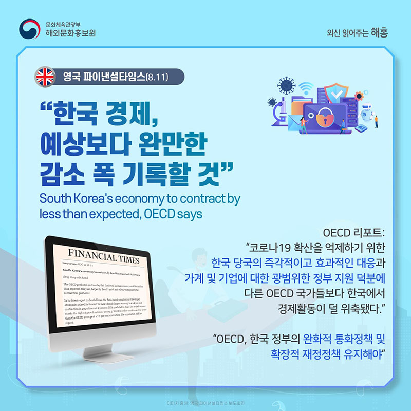 영국 파이낸셜타임스(8.11) OECD, '한국 경제, 예상보다 완만한 감소 폭 기록할 것' South Korea's economy to contract by less than expected, OECD says OECD 리포트: '코로나19 바이러스 확산을 억제하기 위한 한국 당국의 즉각적이고 효과적인 대응과 가계 및 기업에 대한 광범위한 정부 지원 덕분에 다른 OECD 국가들보다 한국에서 경제활동이 덜 위축됐다.' OECD, 한국 정부의 완화적 통화정책 및 확장적 재정정책 유지해야