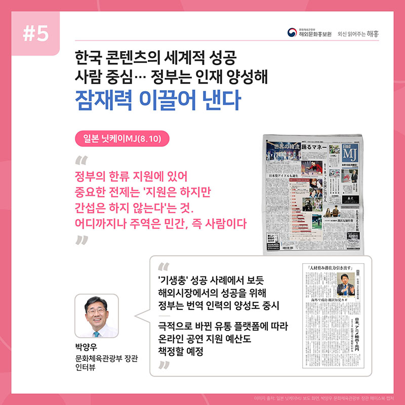 한국 콘텐츠의 세계적 성공 사람 중심…정부는 인재 양성해 잠재력 이끌어 낸다 일본 닛케이MJ(8.10) '정부의 한류 지원에 있어 중요한 전제는 '지원은 하지만 간섭은 하지 않는다'는 것. 어디까지나 주역은 민간, 즉 사람이다' <기생충> 성공 사례에서 보듯 해외시장에서의 성공을 위해 정부는 번역 인력의 양성도 중시 극적으로 바뀐 유통 플랫폼에 따라 온라인 공연 지원 예산도 책정할 예정 박양우 문화체육관광부 장관 인터뷰