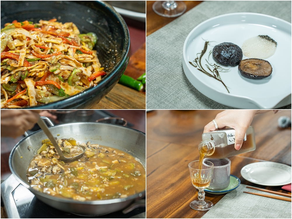 ▲ 시계방향으로 오이 죽순 무침, 표고버섯과 마, 백양사 콤부차, 된장찌개.