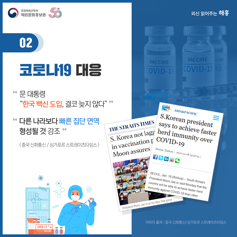 2. 코로나19 대응 문 대통령 '한국 백신 도입, 결코 늦지 않다' 다른 나라보다 빠른 집단 면역 형성될 것 강조 중국 신화통신 / 싱가포르 스트레이츠타임스