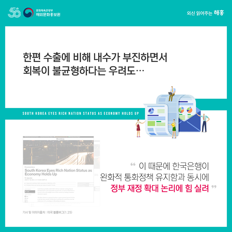 한편 수출에 비해 내수가 부진하면서 회복이 불균형하다는 우려도… '이 때문에 한국은행이 완화적 통화정책 유지함과 동시에 정부 재정 확대 논리에 힘 실려'
