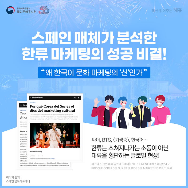 스페인 매체가 분석한 한류 마케팅의 성공 비결! '왜 한국이 문화 마케팅의 ‘신’인가' 싸이, BTS, <기생충>, 한국어…한류는 스쳐지나가는 소동이 아닌 대륙을 횡단하는 글로벌 현상! 비즈니스 전문 매체 앙트레프레너(Entrepreneur) 스페인판 4.7 Por qué Corea del Sur es el dios del marketing cu