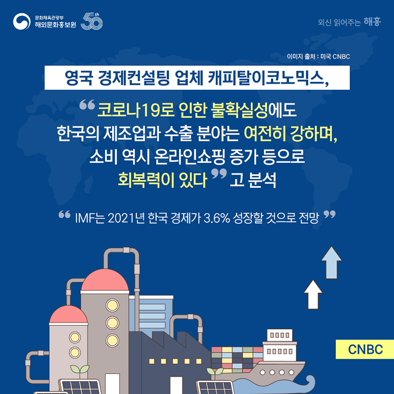 영국 경제컨설팅 업체 캐피탈이코노믹스, '코로나19로 인한 불확실성에도 한국의 제조업과 수출 분야는 여전히 강하며, 소비 역시 온라인쇼핑 증가 등으로 회복력이 있다'고 분석. 'IMF는 2021년 한국 경제가 3.6% 성장할 것으로 전망'