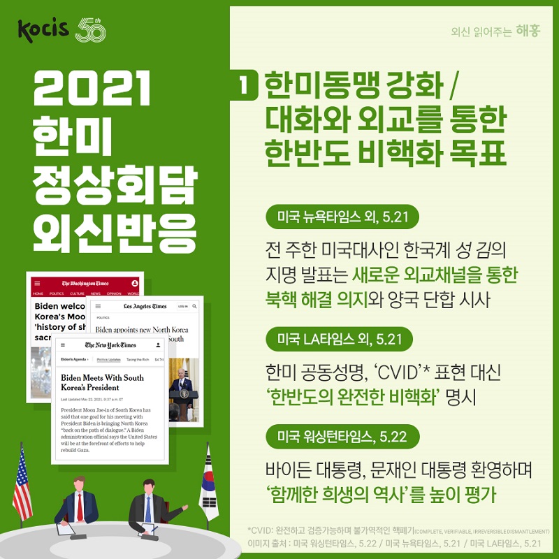2021 한미 정상회담 외신반응 (1) 한미동맹 강화 / 대화와 외교를 통한 한반도 비핵화 목표 (미국 뉴욕타임스 외, 5.21) 전 주한 미국대사인 한국계 성 김의 지명 발표는 새로운 외교채널을 통한 북핵 해결 의지와 양국 단합 시사 (미국 LA타임스 외, 5.21) 한미 공동성명, ‘CVID’* 표현 대신 ‘한반도의 완전한 비핵화’ 명시 (미국 워싱턴타