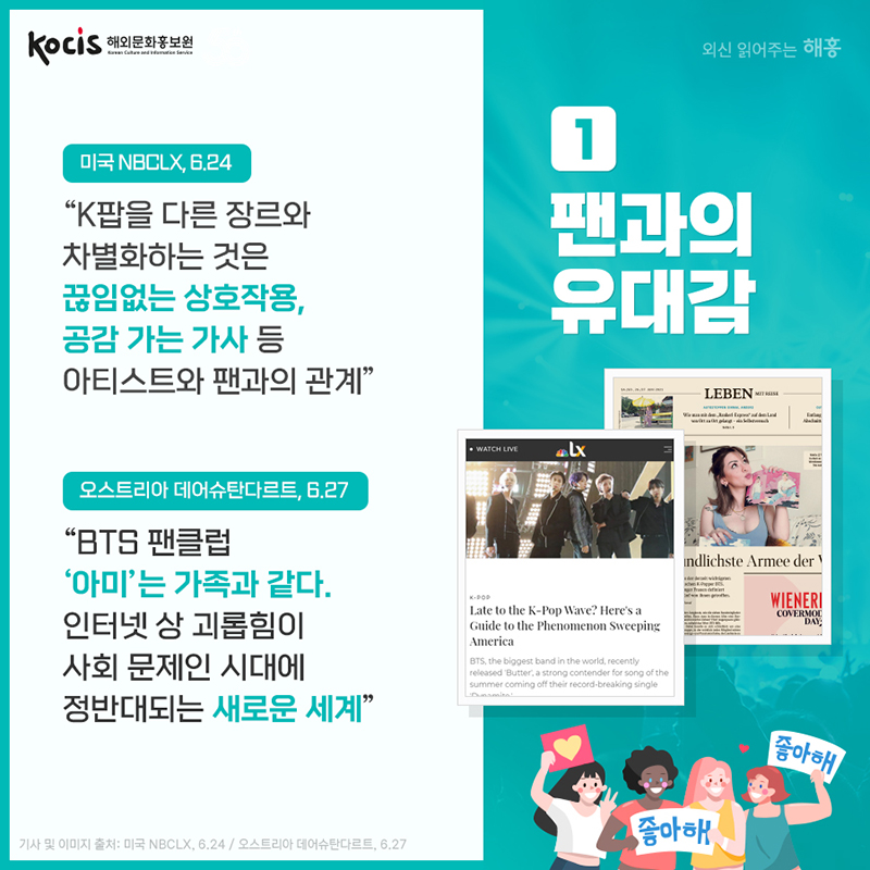 팬과의 유대감. 'K팝을 다른 장르와 차별화하는 것은 끊임없는 상호작용, 공감 가는 가사 등 아티스트와 팬과의 관계' 미국 NBCLX, 6.24 'BTS 팬클럽 ‘아미’는 가족과 같다. 인터넷 상 괴롭힘이 사회 문제인 시대에 정반대되는 새로운 세계' 오스트리아 데어슈탄다르트, 6.27