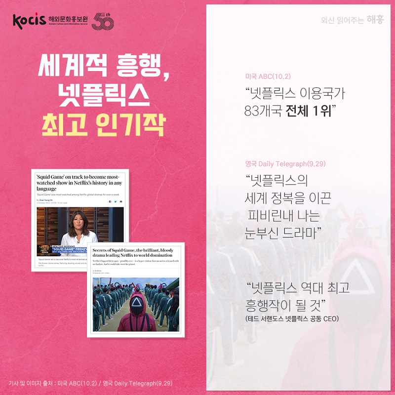 세계적 흥행, 넷플릭스 최고 인기작  미국 ABC(10.2) “넷플릭스 이용국가  83개국 전체 1위”  영국 Daily Telegraph(9.29) “넷플릭스의 세계 정복을 이끈  피비린내 나는 눈부신 드라마”  “넷플릭스 역대 최고 흥행작이 될 것” (테드 서랜도스 넷플릭스 공동 CEO)