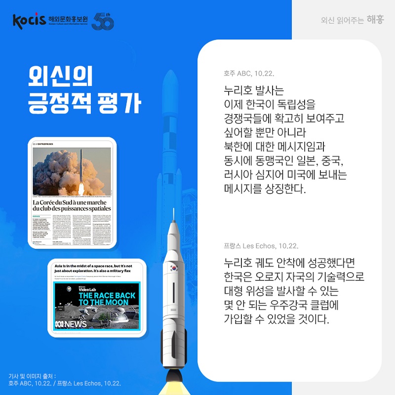 외신의 긍정적 평가 호주 ABC, 10.22. 누리호 발사는 이제 한국이 독립성을 경쟁국들에 확고히 보여주고 싶어 할 뿐만 아니라 북한에 대한 메시지임과 동시에 동맹국인 일본, 중국, 러시아, 심지어 미국에 보내는 메시지를 상징한다. 프랑스 Les Echos, 10.22. 누리호 궤도 안착에 성공했다면 한국은 오로지 자국의 기술력으로 대형 위성을 발사할 수 있는 몇 안 되는 우주강국 클럽에 가입할 수 있었을 것이다. 