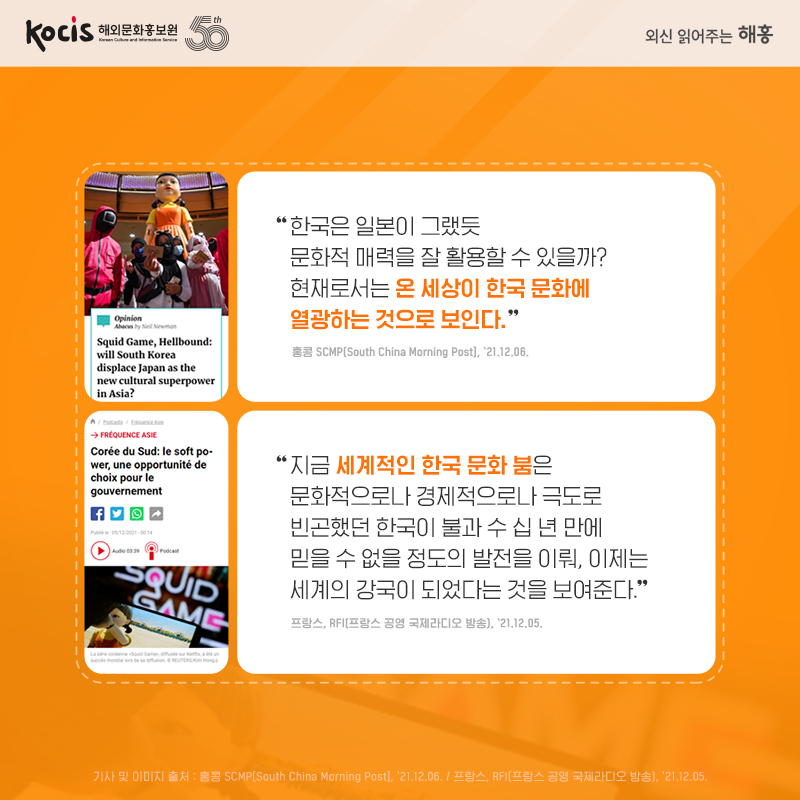 “한국은 일본이 그랬듯 문화적 매력을 잘 활용할 수 있을까? 현재로서는 온 세상이 한국 문화에 열광하는 것으로 보인다.” 홍콩 SCMP(South China Morning Post), ’21.12.06. “지금 세계적인 한국 문화 붐은 문화적으로나 경제적으로나 극도로 빈곤했던 한국이 불과 수 십 년 만에 믿을 수 없을 정도의 발전을 이뤄, 이제는 세계의 강국이 되었다는 것을 보여준다.” 프랑스, RFI(프랑스 공영 국제라디오 방송), ’21.12.05