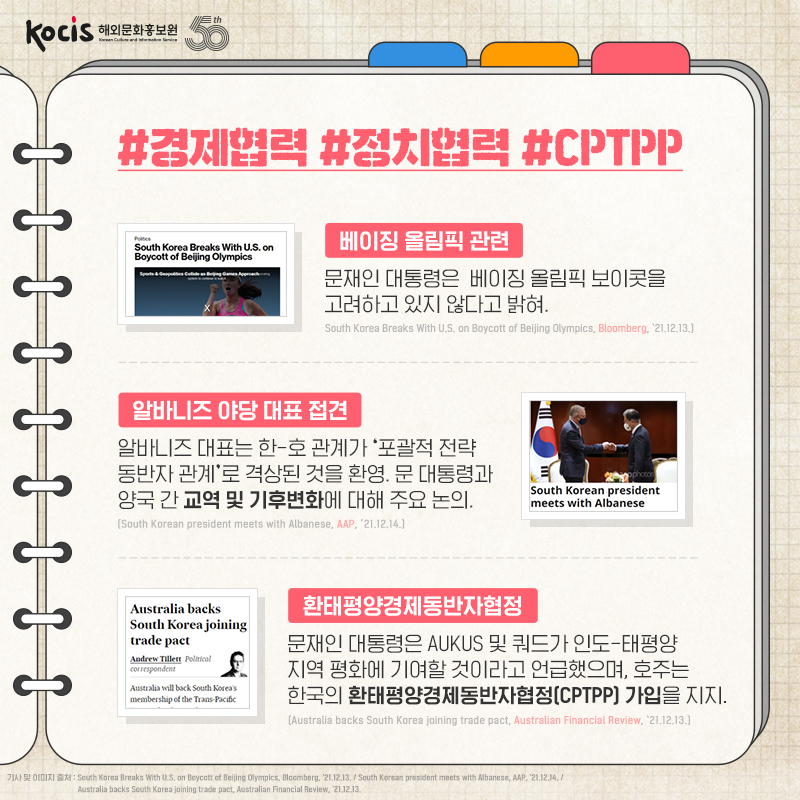 #경제협력 #정치협력 #CPTPP 베이징 올림픽 관련 문재인 대통령은 베이징 올림픽 보이콧을 고려하고 있지 않다고 밝혀. (South Korea Breaks With U.S. on Boycott of Beijing Olympics, Bloomberg, ’21.12.13.) 알바니즈 야당 대표 접견 알바니즈 대표는 한-호 관계가 ‘포괄적 전략 동반자 관계’로 격상된 것을 환영. 문 대통령과 양국 간 교역 및 기후변화에 대해 주요 논의. (South Korean president meets with Albanese, AAP, ’21.12.14.) 환태평양경제동반자협정 문재인 대통령은 AUKUS 및 쿼드가 인도-태평양 지역 평화에 기여할 것이라고 언급했으며, 호주는 한국의 환태평양경제동반자협정(CPTPP) 가입을 지지.