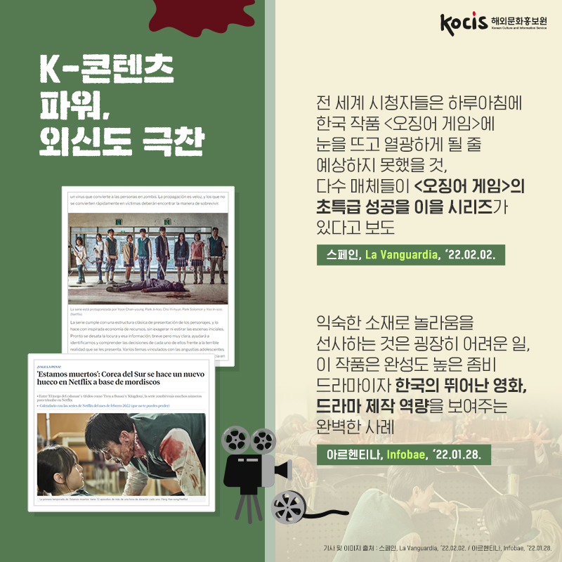 K-콘텐츠 파워, 외신도 극찬 전 세계 시청자들은 하루아침에 한국 작품 '오징어 게임'에 눈을 뜨고 열광하게 될 줄 예상하지 못했을 것, 다수 매체들이 '오징어 게임'의 초특급 성공을 이을 시리즈가 있다고 보도. 스페인, La Vanguardia, ‘22.02.02. 익숙한 소재로 놀라움을 선사하는 것은 굉장히 어려운 일. 이 작품은 완성도 높은 좀비 드라마이자 한국의 뛰어난 영화, 드라마 제작 역량을 보여주는 완벽한 사례. 아르헨티나, Infobae, ‘22.01.28.