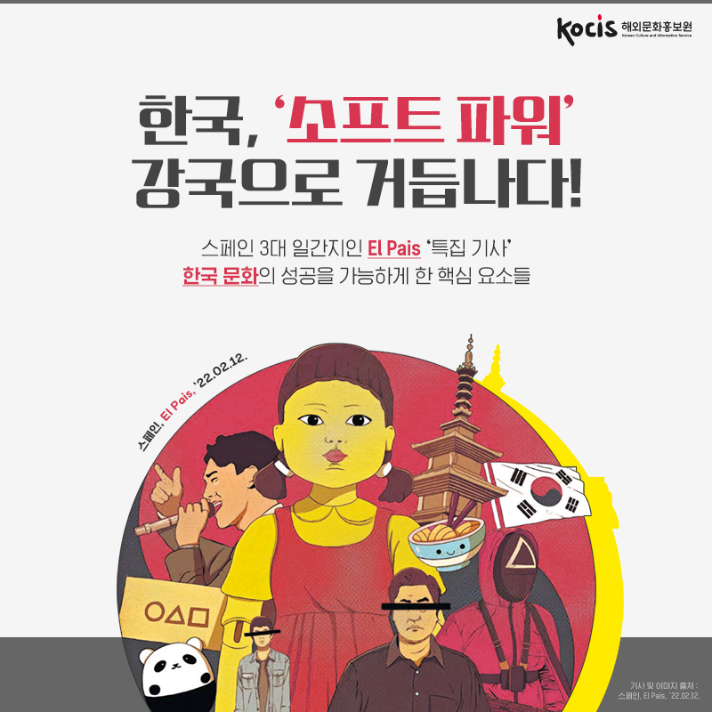 한국, ‘소프트 파워’ 강국으로 거듭나다! 스페인 3대 일간지인 El Pais ‘특집 기사’ 한국 문화의 성공을 가능하게 한 핵심 요소들 스페인, El Pais, ’22.02.12.
