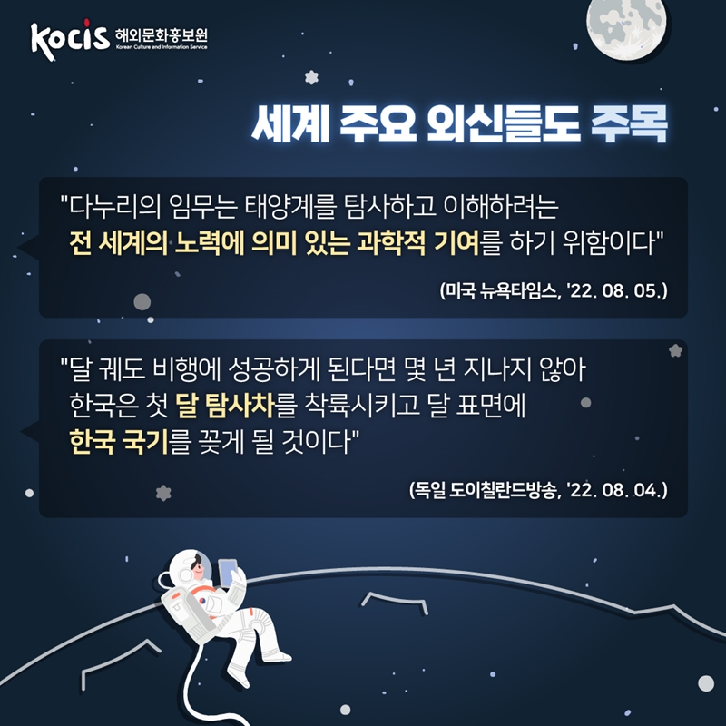 세계 주요 외신들도 주목    “다누리의 임무는 태양계를 탐사하고 이해하려는 전 세계의 노력에 의미 있는 과학적 기여를 하기 위함이다”  (미국 뉴욕타임스, '22.08.05)   "달 궤도 비행에 성공하게 된다면 몇 년 지나지 않아  한국은 첫 달 탐사차를 착륙시키고 달 표면에  한국 국기를 꽂게 될 것이다“ (독일 도이칠란드방송, '22.08.04)